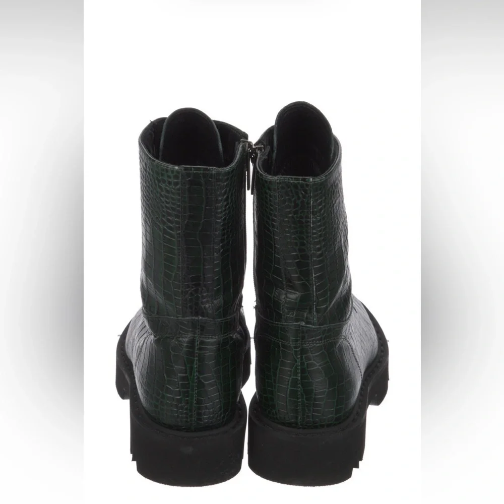 Aquatalia Green Embossed Leather Mid-Calf Combat Boots - Picture 4 of 4